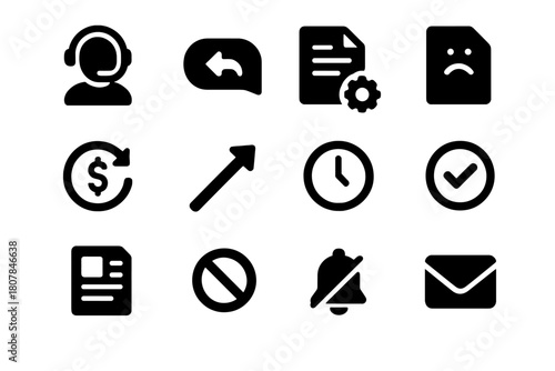 Response Management Icons. Response Management. Solid icon set of Response Management: support agent headset, reply bubble, canned response, apology note,