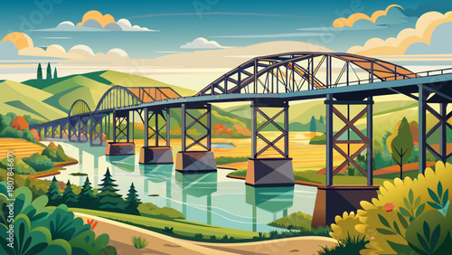 Very beautiful view of the Hi-Line Railroad Bridge spanning the Sheyenne River in Valley City, North Dakota, USA, highlighting the historic steel truss structure against a serene river and surrounding