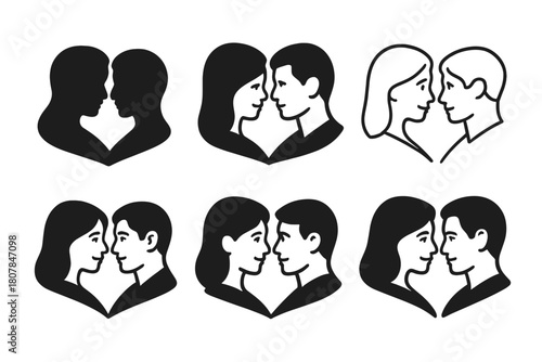 Loving Expressions Icons. Loving glances and facial expressions between partners. Icon set. Set Logo of loving glances and facial expressions between partners: