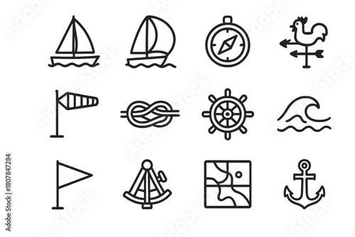 Sailing Icon Set. Sailing winds. Line icon set of sailing winds: sailboat, spinnaker, compass, wind vane, wind sock, knot rope, helm wheel, sea wave, regatta
