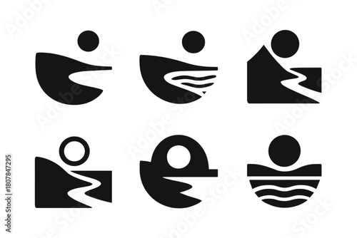 Minimalist Beach Logos. Empty Beach. Icon set. Set Logo of Empty Beach: minimalist coastline curve. harmonious logo variations of the same emblematic concept,