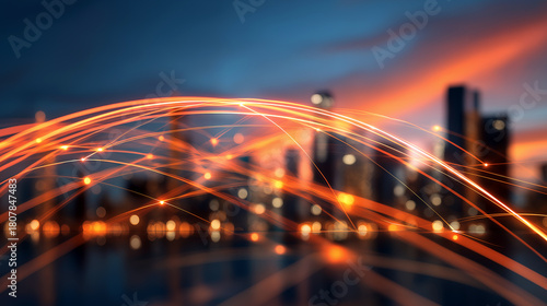 Fototapeta Naklejka Na Ścianę i Meble -  neon orange and cyan digital network web arching over defocused modern cityscape, glowing evening sky.