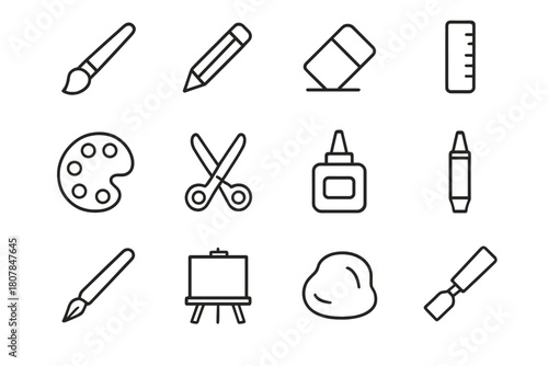 Art Tool Icons. Art tools. Line icon set of art tools: paintbrush, pencil, eraser, ruler, palette, scissors, glue, marker, pen, canvas, clay, chisel. All