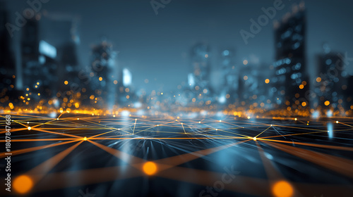 next-gen smart city, intense amber and blue light mesh with pinpoint node glow, architectural silhouette blur in background, layered atmospheric depth.