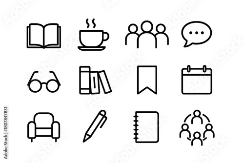 Book Club Icons. Book Club. Line icon set of Book Club: open book, coffee cup, group of people, chat bubble, reading glasses, bookshelf, bookmark, calendar,