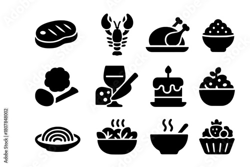 Black Fine Dining Icons. Fine Dining. Solid icon set of Fine Dining: steak, lobster, roasted turkey, caviar, truffle, cheese platter, wine glass, chocolate