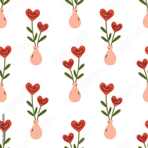 Vector seamless pattern with heart shaped flowers in vases on white background. Romantic print for Valentines Day, wedding, textile, greeting card, wrapping paper, and festive decor in flat style.