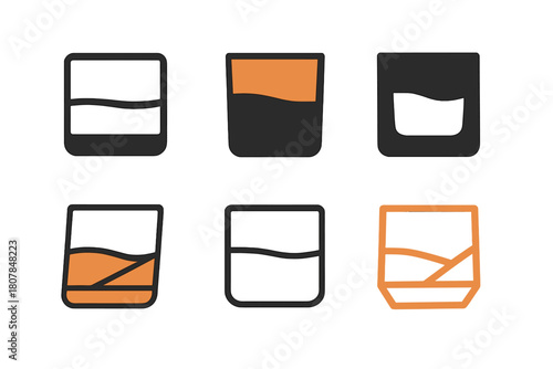 Whiskey Logo Variations. Alcohol. Icon set. Set Logo of alcohol: whiskey tumbler. harmonious logo variations of the same emblematic concept, each