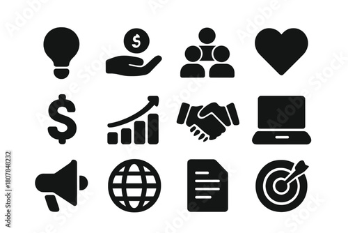 Crowdfunding Icon Set. Crowdfunding. Solid icon set of crowdfunding: lightbulb, hand with coin, people group, heart, dollar sign, chart growth, handshake,