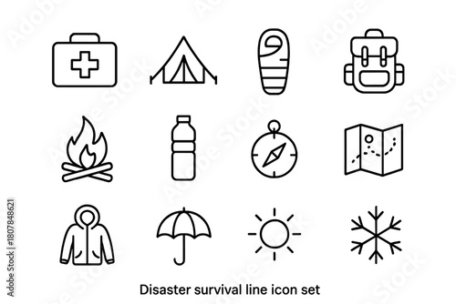 Disaster Survival Icons. Disaster survival. Line icon set of Disaster survival: first aid kit, tent, sleeping bag, backpack, fire, water bottle, compass, map,