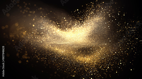shimmering cloud of golden sparkle particles, high density at center with fading edges, deep black background.