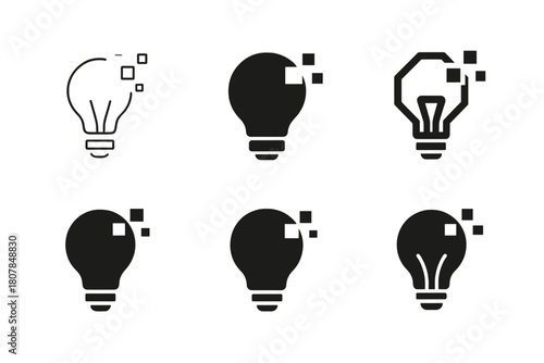 Digital Creativity Icons. creativity online. Icon set. Set Logo of creativity online: lightbulb with digital pixels. harmonious logo variations of the same