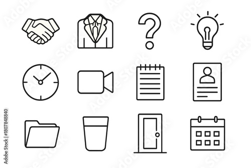Interview Icons Set. Interview preparation. Line icon set of interview preparation: handshake, suit, question mark, lightbulb, clock, video call camera,