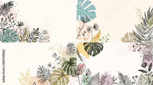 Stylish botanical line art featuring tropical leaves and flowers combined with soft pastel shapes, creating a modern artistic background ideal for creative design projects.