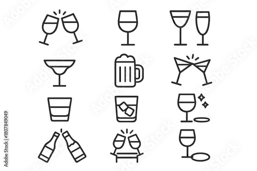 Party Drink Icons. Party clink. Line icon set of party clink: clinking glasses, wine glass, champagne flute, cocktail glass, beer mug, martini glass, shot