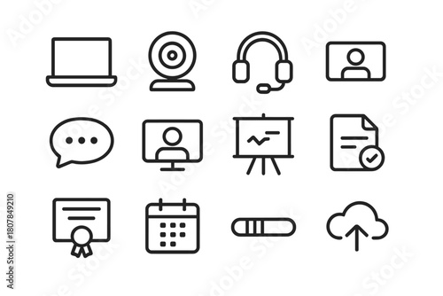 Remote Learning Icons. Remote learning and online education. Line icon set of remote learning: laptop, webcam, headphones, online class, chat bubble, video