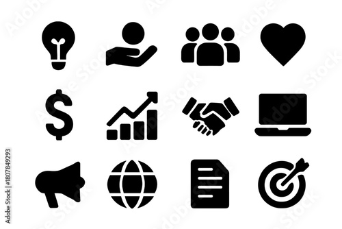 Crowdfunding Icon Set. Crowdfunding. Solid icon set of crowdfunding: lightbulb, hand with coin, people group, heart, dollar sign, chart growth, handshake,