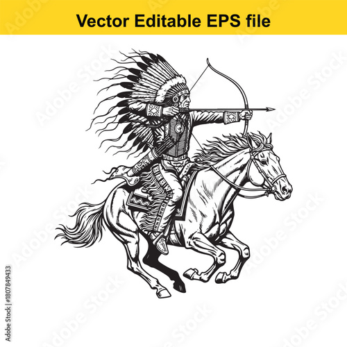 Native american chief riding a horse and aiming a bow and arrow, isolated on hand drawn vector illustration in engraving style