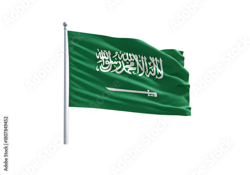 Saudi Arabia Flag on Flagpole Green White Waving Arabic Script PNG on Transparent Background