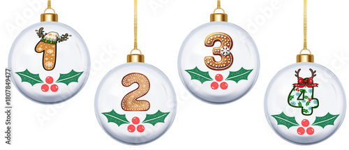 4 days until christmas: set yellow (golden) baubles isolated over white (transparent) background