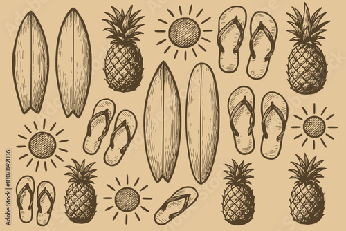 Hand-sketched tropical pattern featuring surfboards, pineapples, flip-flops, and stylized suns. Ideal for summer-themed merchandise, packaging, and retro design projects.