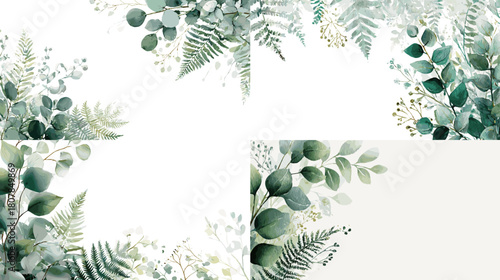 Soft watercolor botanical corners with eucalyptus leaves, ferns, and delicate greenery in fresh green tones, ideal for elegant invitations and natural themed designs.