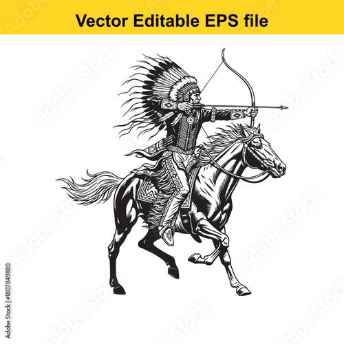 Native american chief riding a horse and aiming a bow and arrow, isolated on hand drawn vector illustration in engraving style