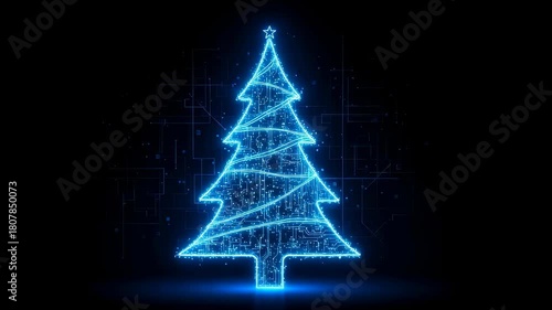 Digital Christmas tree made of circuit board lines and particles forming holiday star, new year technology concept.