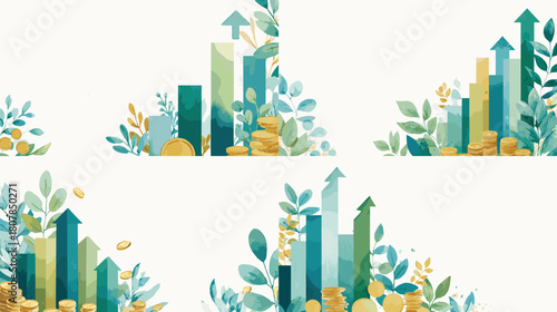 Watercolor illustration of financial growth with rising bar charts, arrows, coins, and botanical accents in soft green tones, symbolizing success, investment, and economic progress.