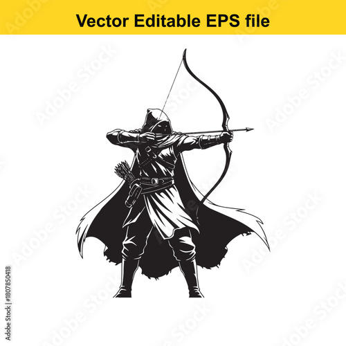 Illustration of a hooded archer with a bow and arrow, standing in a dynamic pose, isolated on, in black and white vector format