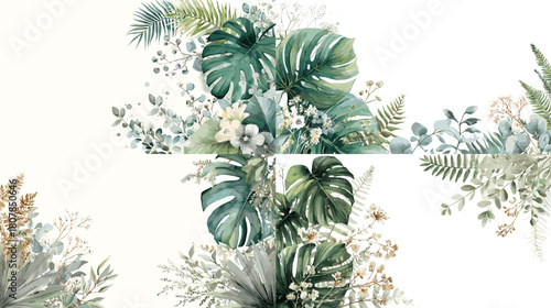 Elegant watercolor botanical arrangement featuring tropical leaves, ferns, and soft floral elements in green tones, ideal for invitations, decor, and modern nature design.