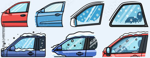 Illustration of Various Car Windows in Different Conditions: Showing Clear Windows, Frost, and Snow Accumulation on a Red and Blue Vehicle, Isolated on a Light Background