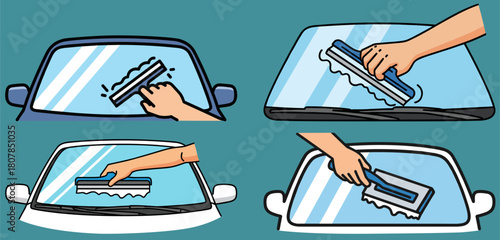 A person cleaning a car windshield with a squeegee, demonstrating effective techniques for maintaining clear visibility while driving, against a solid color background.
