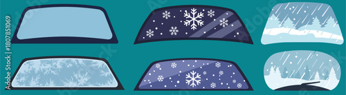 Illustration of Various Winter Windshield Designs Featuring Snowflakes and Frost Patterns on a Teal Background Featuring Different Degrees of Visibility
