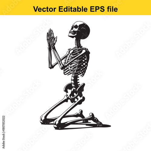 Illustration of a skeleton kneeling in prayer, its bony hands clasped together in supplication, a poignant symbol of mortality and faith isolated on