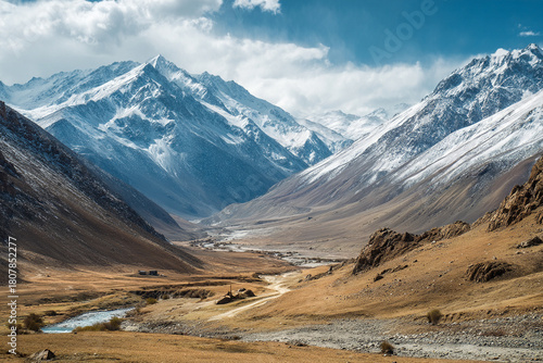 The stunning, untouched landscape of Wakhan Corridor, with abstract, desolate mountain passes and ancient trading routes.