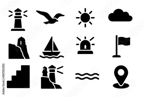 Black Beacon Icons. Beacon Light. Solid icon set of Beacon Light: lighthouse tower, light beam, waves, rocky coast, seagull, sun, clouds, cliff, boat, beacon,