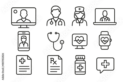 Telehealth Icon Set. Telehealth services. Line icon set of telehealth services: video call, doctor, nurse, laptop, smartphone, stethoscope, heart monitor,