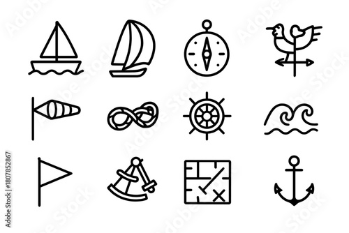 Sailing Icon Set. Sailing winds. Line icon set of sailing winds: sailboat, spinnaker, compass, wind vane, wind sock, knot rope, helm wheel, sea wave, regatta