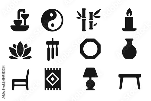 Feng Shui Icons. Feng Shui decor. Solid icon set of Feng Shui decor: water fountain, yin yang, bamboo plant, candle, lotus flower, wind chime, mirror, vase,