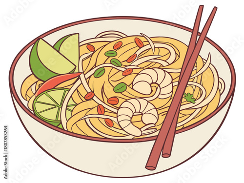 Delicious pad thai bowl with shrimp, lime, and fresh vegetables garnished with herbs and spices. Pad thai features shrimp, noodles, garnishes, and lime, perfect for culinary delights.