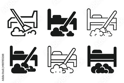 Under-Bed Cleaning Icons. Cleaning under the bed. Icon set. Set Logo of Cleaning under the bed: Person sweeping under bed. harmonious logo variations of the