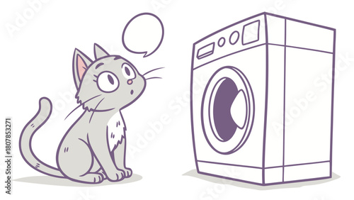 Cat watching washing machine with curious expression and speech bubble, observing as clothes spin inside. Cat's playful nature complements bright home scene for lighthearted pet illustrations.