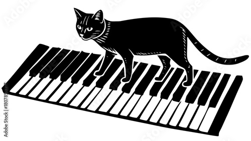 Cat walking across piano keys, playful feline exploring musical instrument with curious expression. Concept cat and piano is perfect for music-themed graphics or playful decor.