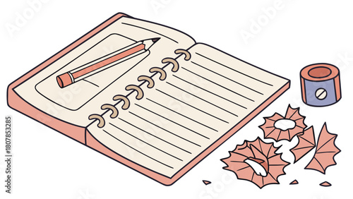 Drawing materials on notebook with pencil, sharpener, and pencil shavings. Notebook features blank pages perfect for notes or sketches. 