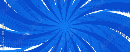 Blue comic sunburst effect background with halftone. Pop art comic-style vector background. Suitable for templates, sale banners, events, ads, web and pages