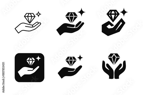 Jewelry Logo Variations. Creating jewelry. Icon set. Set Logo of creating jewelry: artisan hand holding a gemstone with sparkle. harmonious logo variations of
