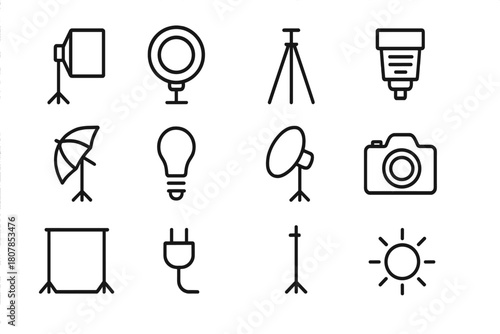 Studio Lighting Icons. Studio lighting. Line icon set of studio lighting: softbox, ring light, tripod, flash, umbrella light, bulb, reflector,