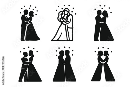 Wedding Kiss Icons. Wedding Kiss Under Confetti. Icon set. Set Logo of Wedding Kiss: confetti heart explosion over couple. harmonious logo variations of the