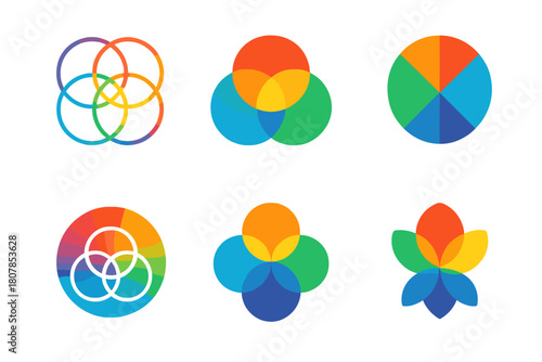 Colorful Logo Variations. Vibrant colors. Icon set. Set Logo of vibrant colors: overlapping colorful circles forming spectrum. harmonious logo variations of